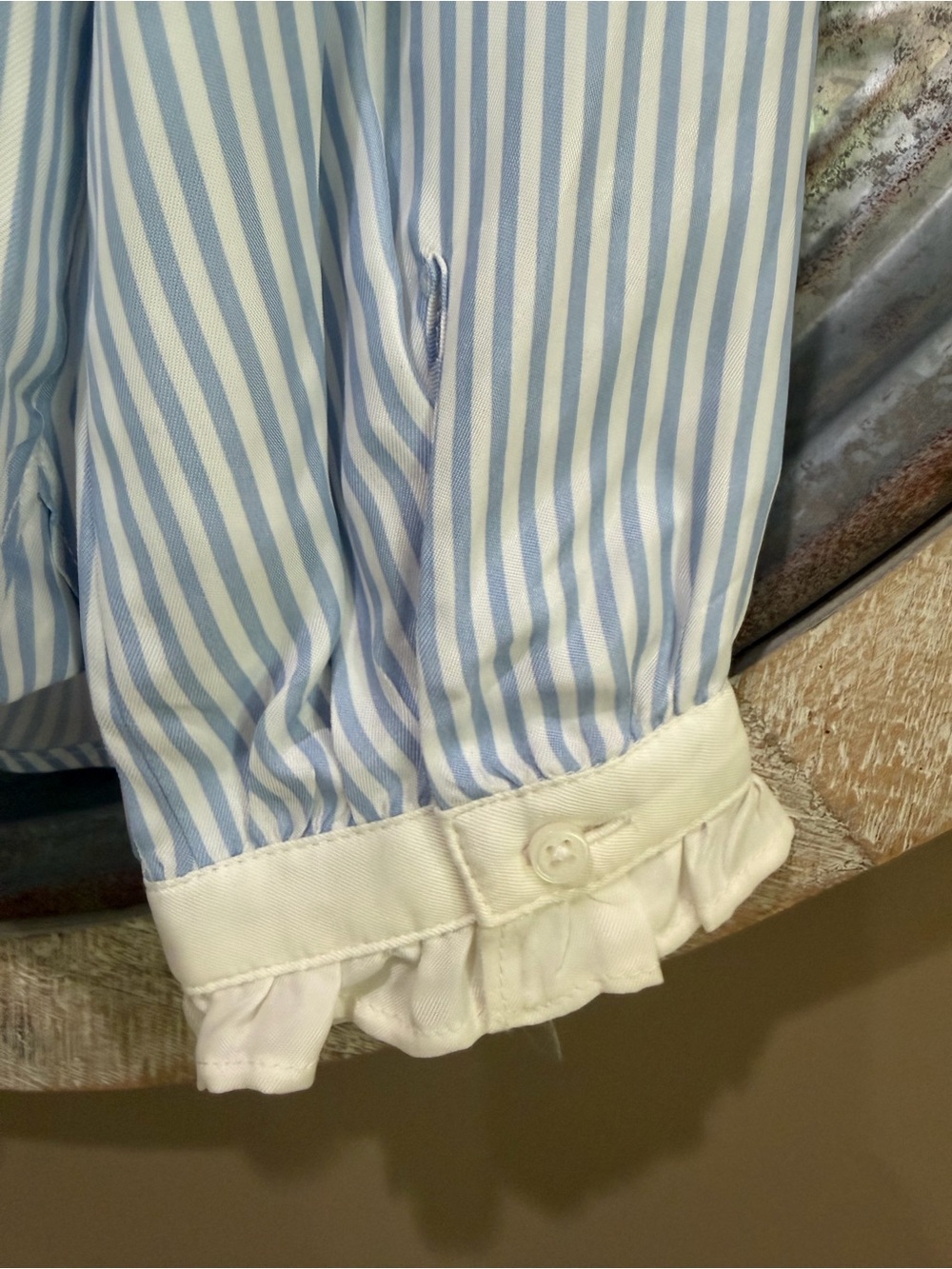 J. Crew Light Blue and White Striped Ivory Ruffle-Neck Button Down Blouse - Picture 5 of 6